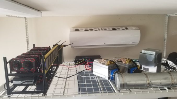 Bitcoin Cryptocurrency Mining in Garage with AC